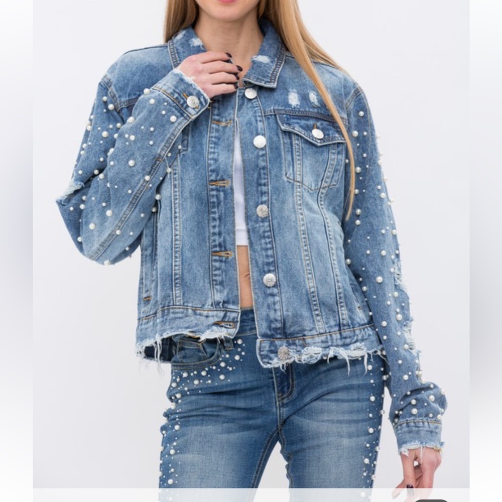 Blue Frayed Pearl Embellished Denim Jacket NWT - (#0001)
